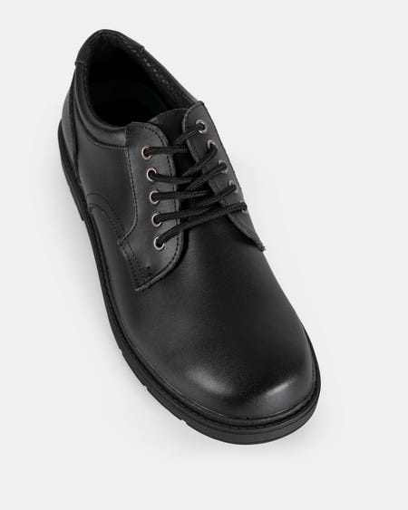 Black mens leather shoes for men with lace-up design, durable leather upper, and comfortable sole for school, work, and everyday wear.
