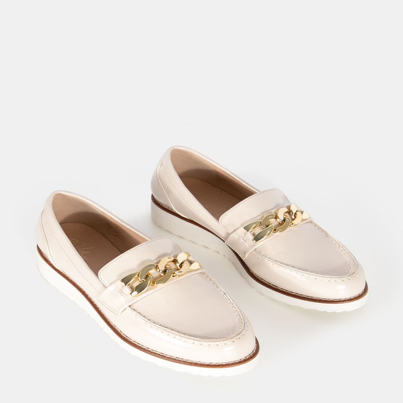 Elegant cream loafers from Spendless NZ featuring a gold chain detail - stylish and comfortable womens shoes perfect for modern women.
