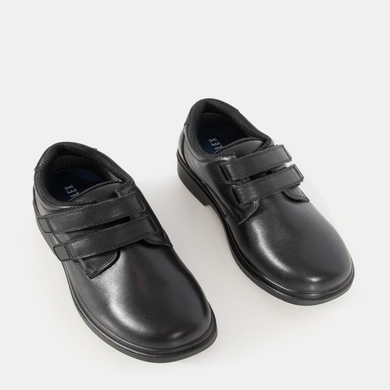 Black kids leather school shoes for girls and boys, durable leather footwear with classic school shoe design for everyday wear