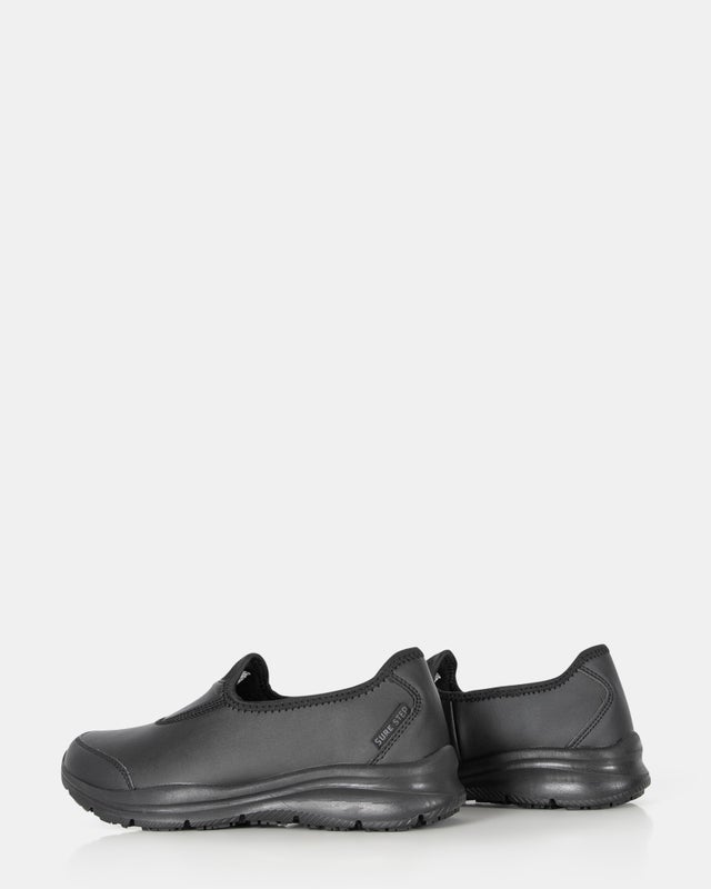 Black slip resistant shoes for professional workwear, featuring durable footwear, non-slip grip, and safety design for hospitality, healthcare, and workplace use.