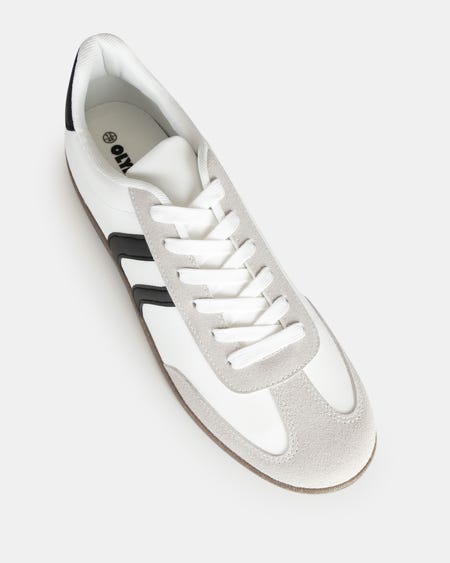 White mens sneakers with black stripe detail and lace-up front, casual mens shoes from Spendless NZ.